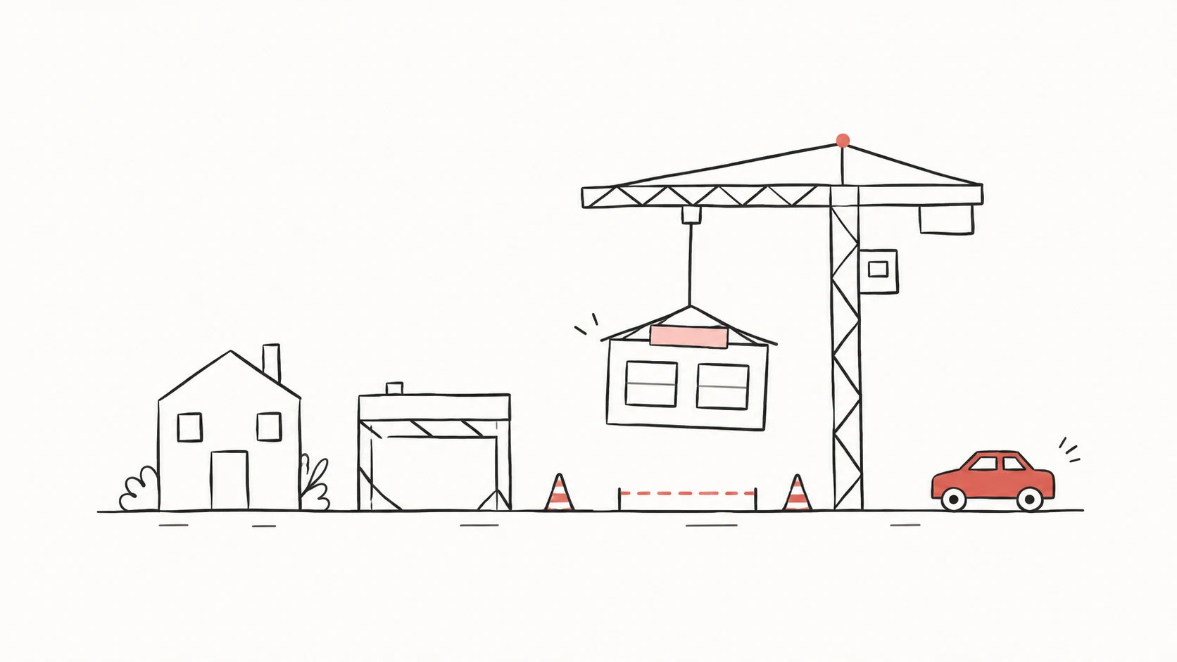 Dessin au trait : une grue pose un bâtiment sur un terrain balisé, entre une maison, un bâtiment sous échafaudage et une petite voiture rouge.
